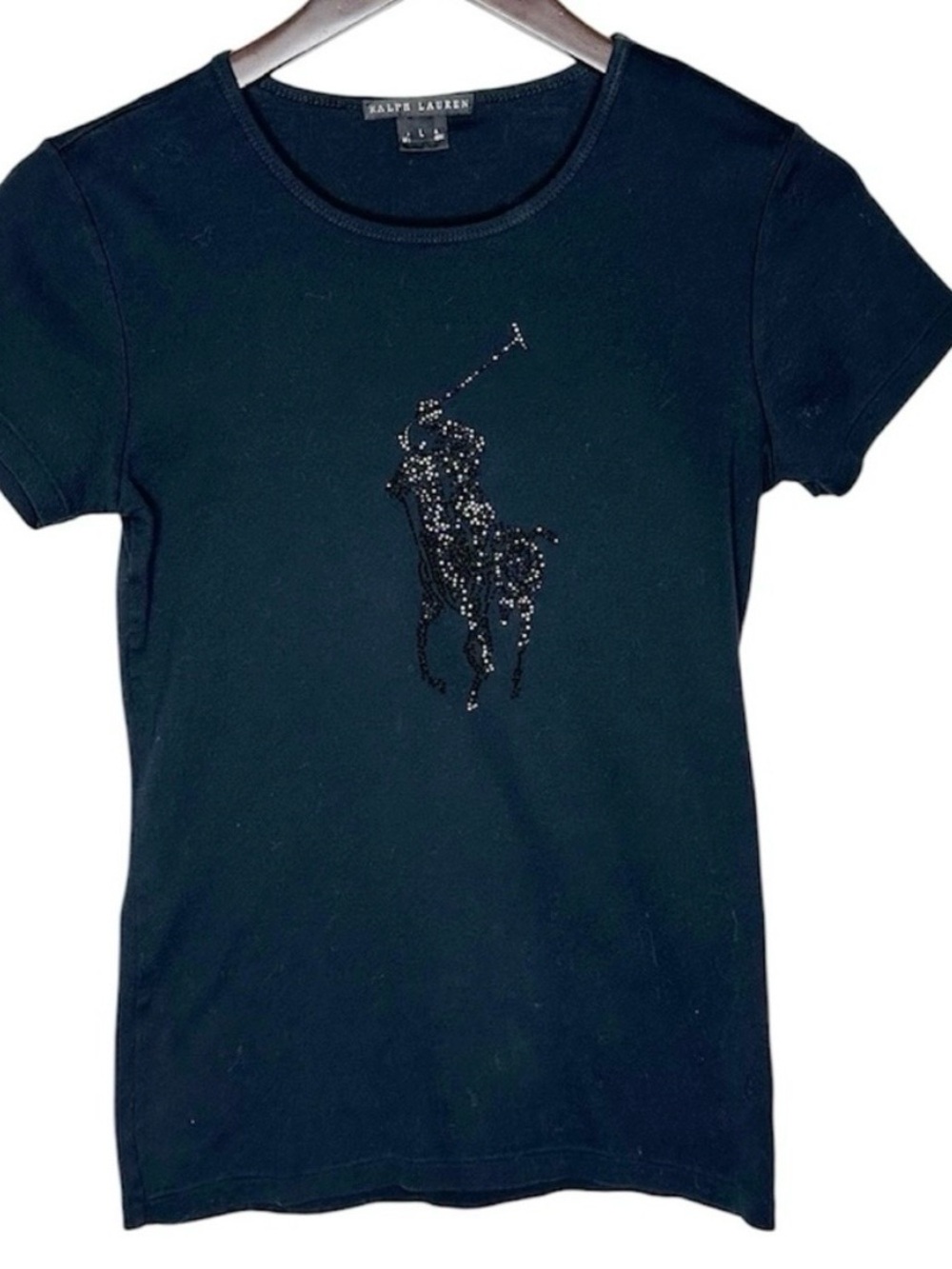 Ralph Lauren Pony Polo Black Crystal Encrusted Tee Large